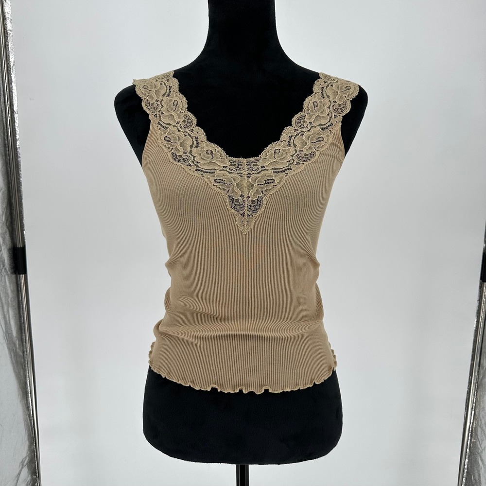 Ralph Lauren Tan‎ Ribbed Lace V-Neck Sleeveless Tank Top 90s Cami Black Label M
